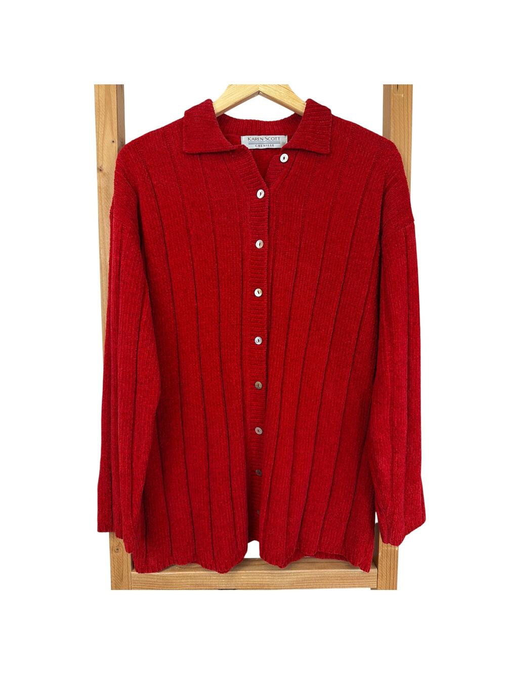 Karen Scott Red Long Sleeve Chenille Cardigan Sweater Size Medium